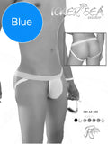 Blue lace-trimmed men’s briefs with a supportive contoured design in white and blue from icker sea underwear
