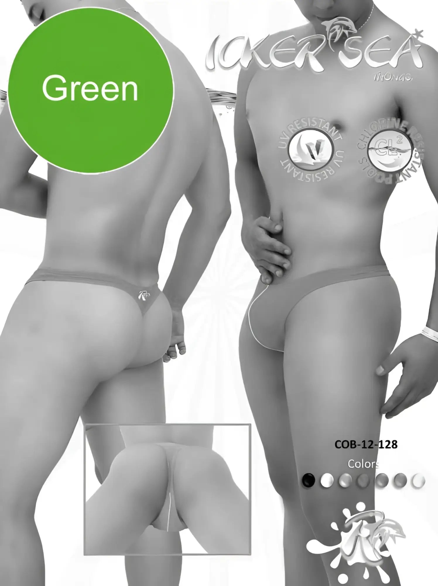 Green icker sea contrast line thong swimwear with subtle logo on waistband designed for men’s swimming