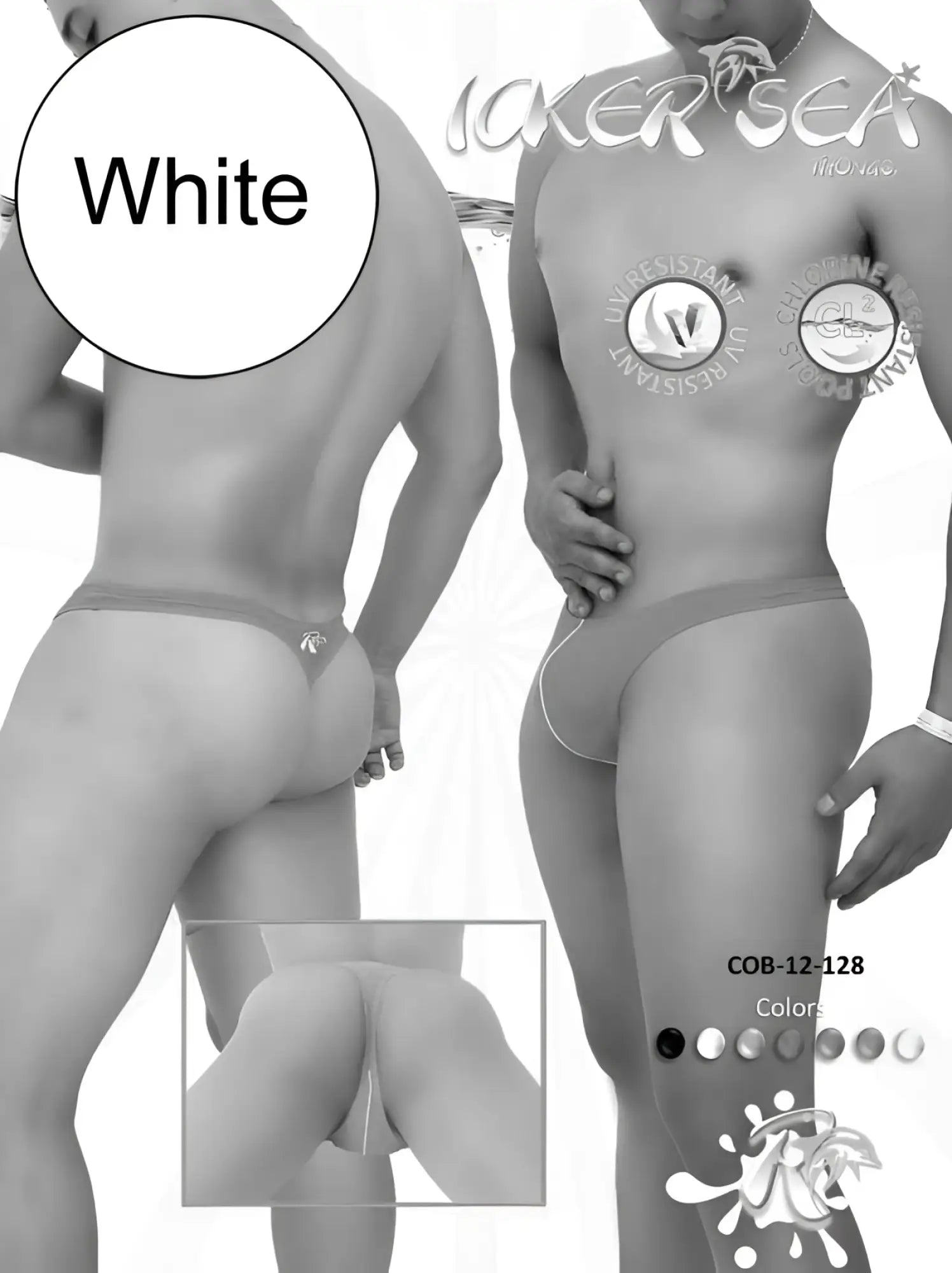 White men’s icker sea contrast line thong swimwear with subtle waistband logo in white for swimming use