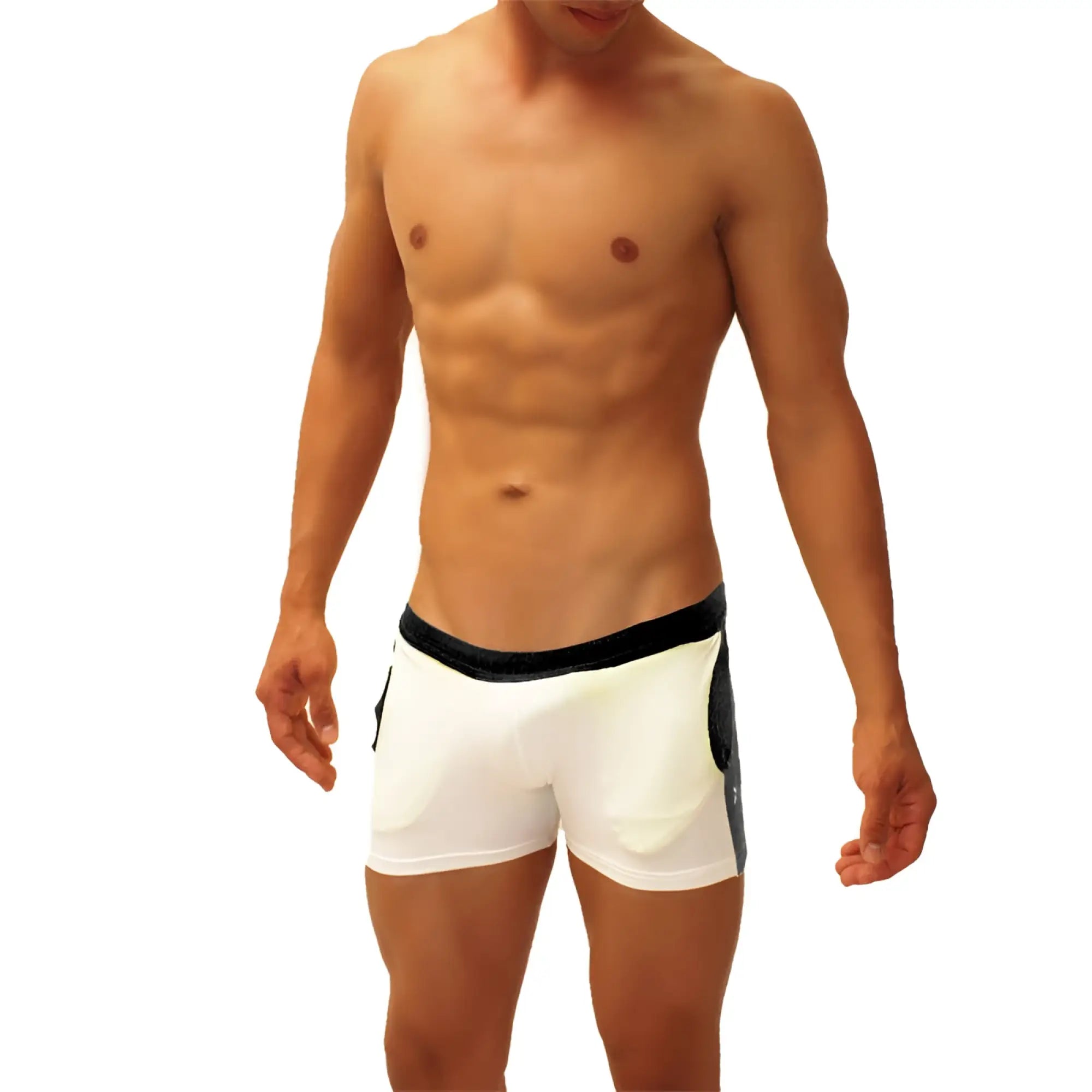 White athletic jock shorts with black elastic waistband and contrast side panels by icker sea model SHR-19-01