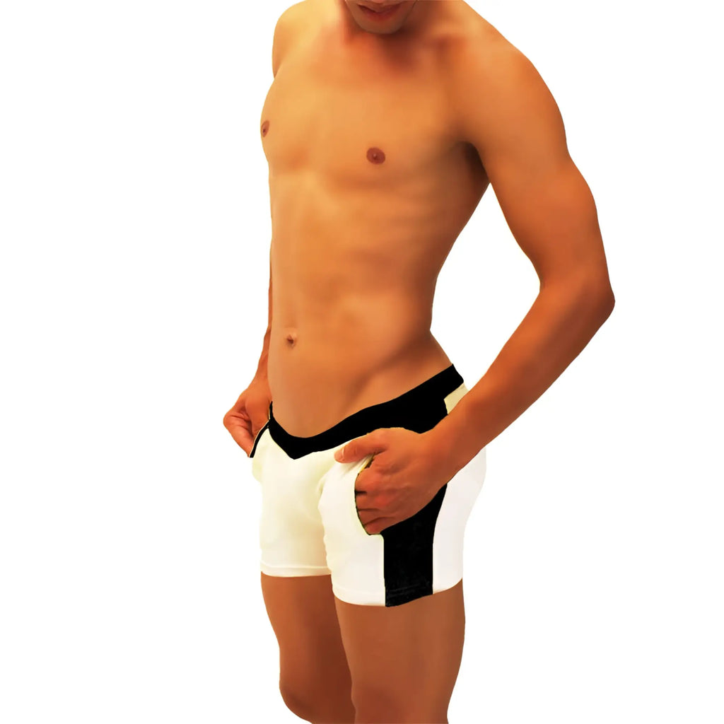 Icker Sea black and white athletic jock shorts with bold vertical contrast side panels for active wear