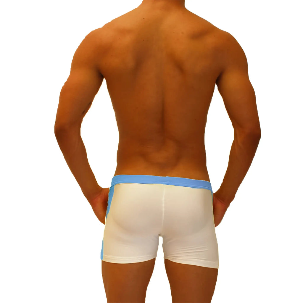 White boxer briefs with light blue elastic waistband and side panels from icker sea contrast side panel jock shorts blue SHR-19-01