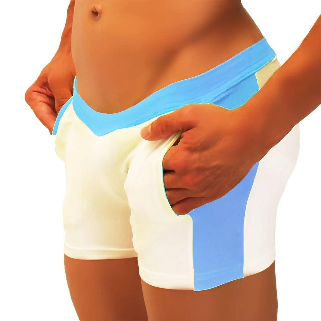 White and light blue icker sea contrast side panel jock shorts with stripe for athletic wear
