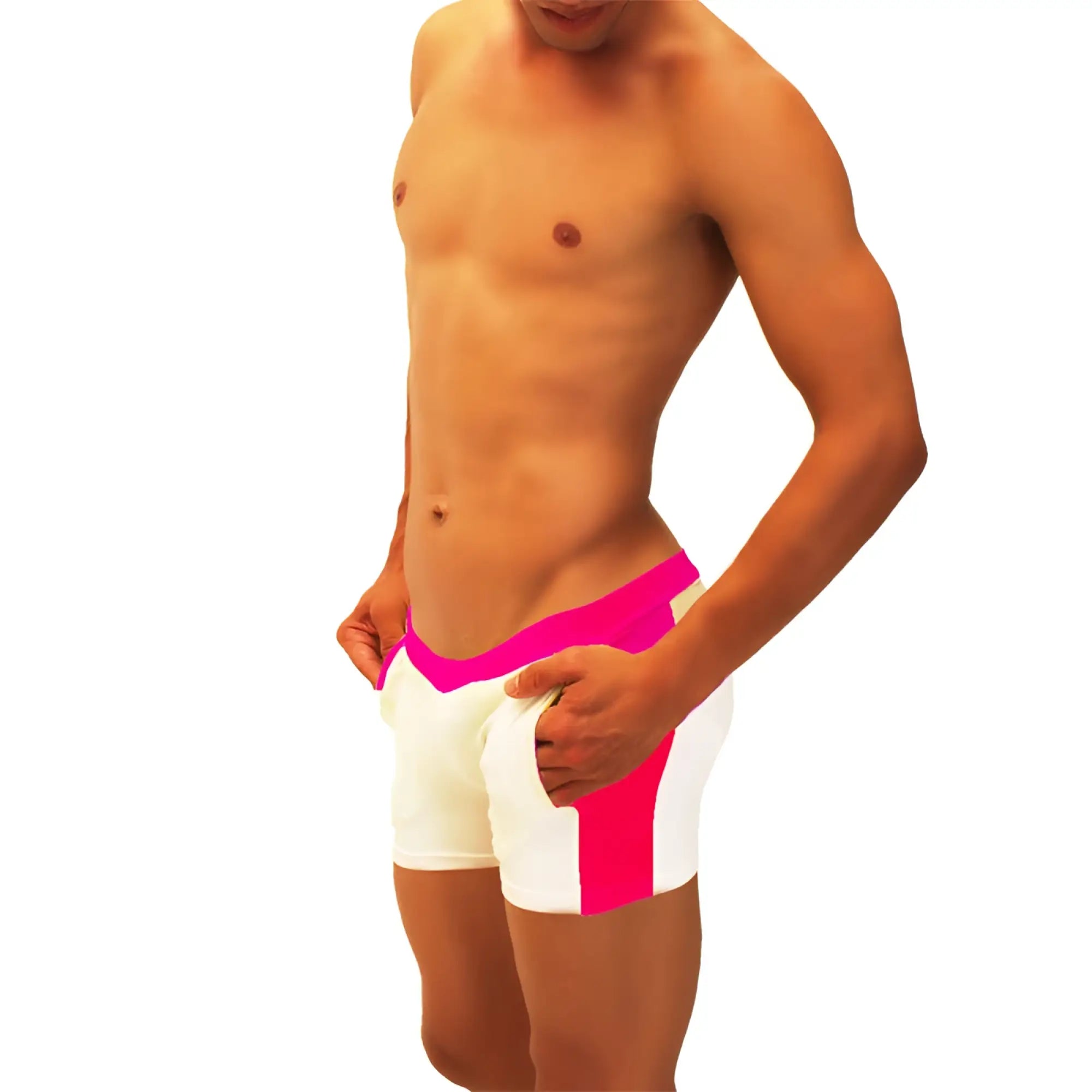 Icker Sea contrast side panel jock shorts in bright fuchsia with white and bold stripe design for athletic wear