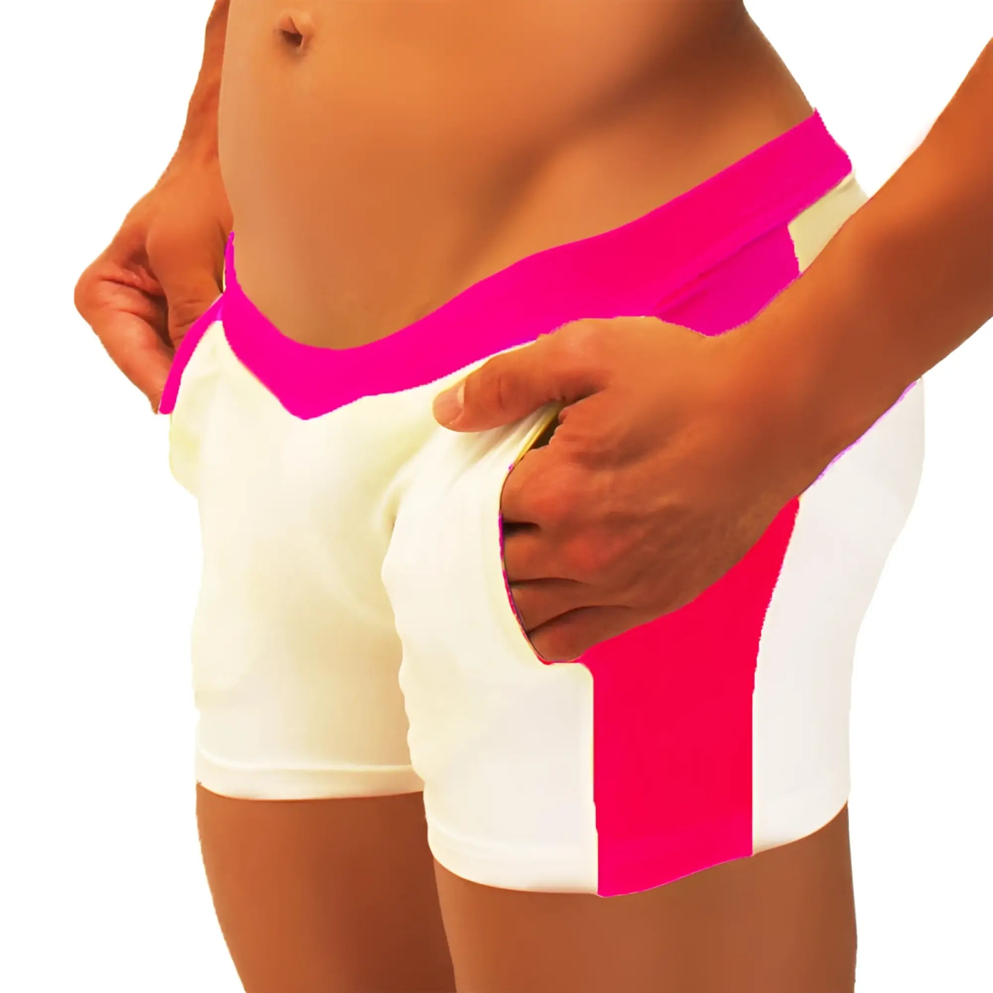 Icker Sea contrast side panel jock shorts in bright pink and white with bold color-block design for athletic wear