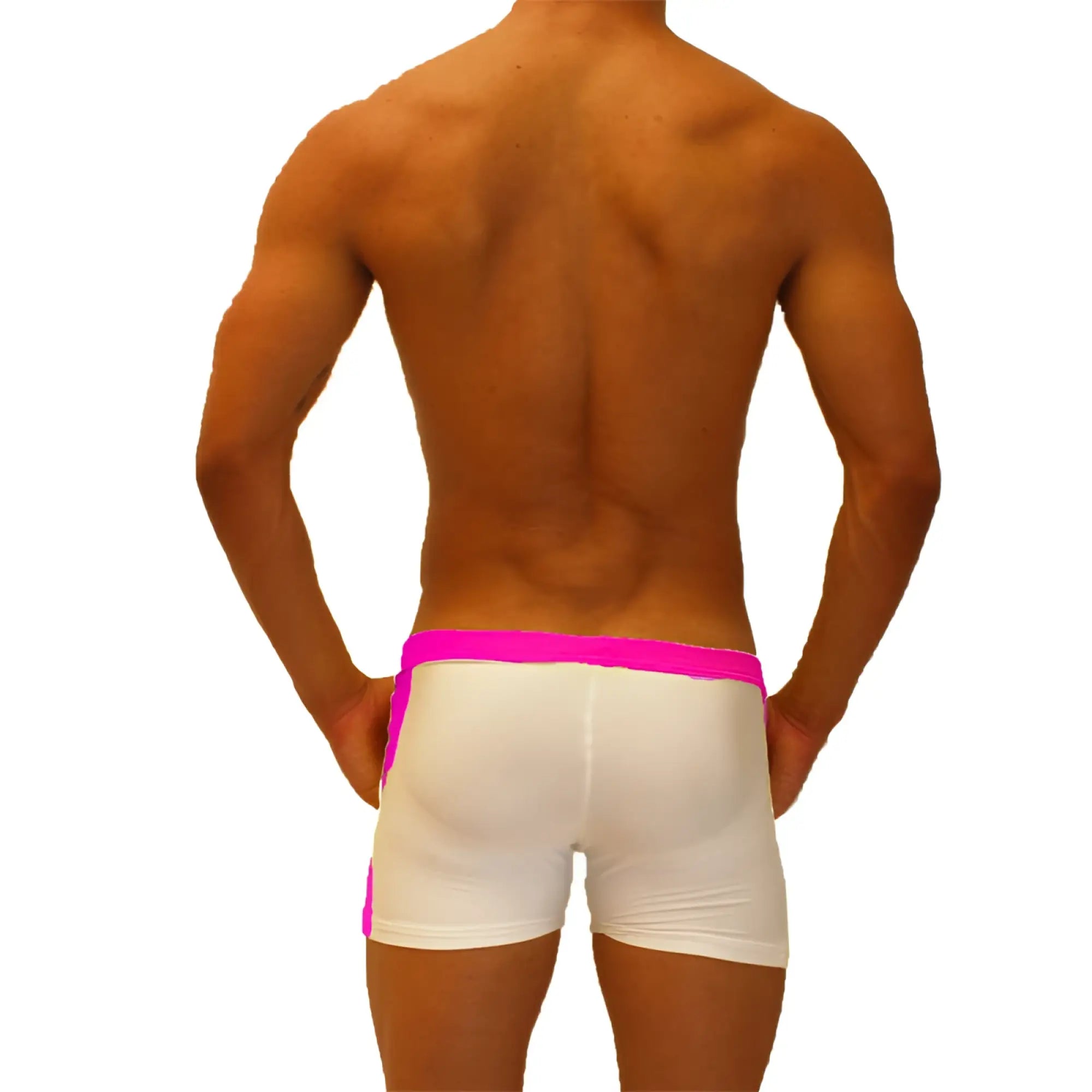 White athletic jock shorts with vibrant fuchsia waistband and contrast side panels for sporty support