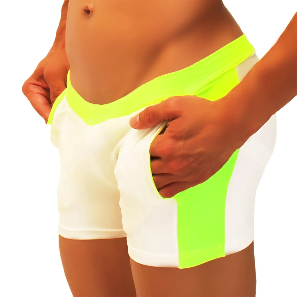 Icker sea contrast side panel jock shorts in bright neon green and white with bold color block design