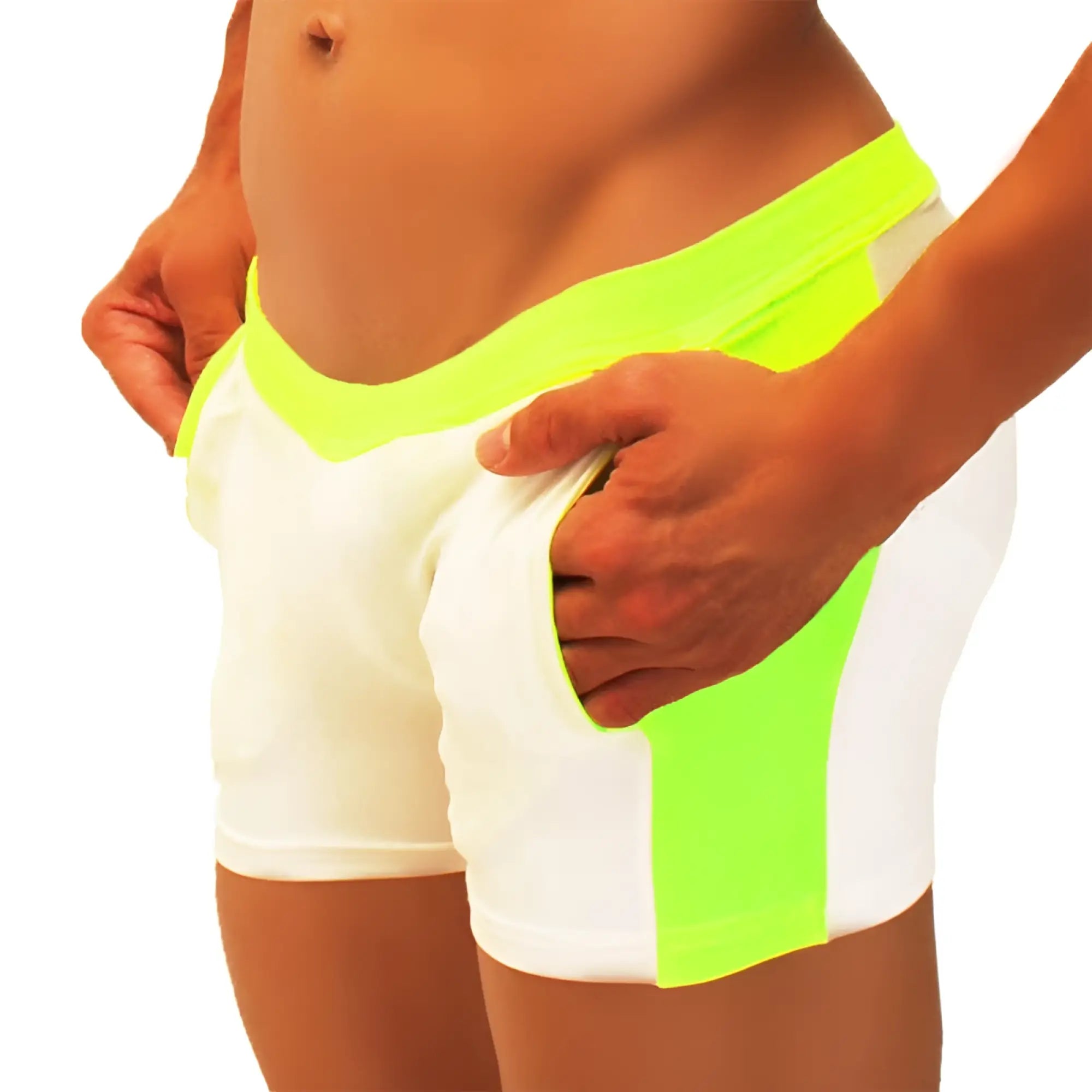 Icker sea contrast side panel jock shorts in bright neon green and white with bold color block design