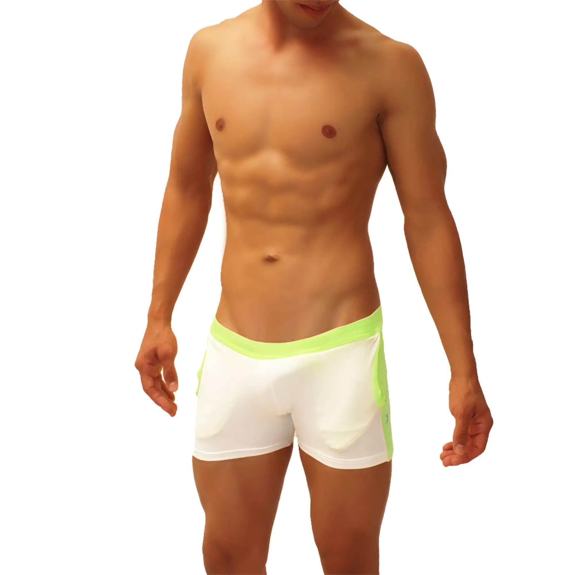 White athletic jock shorts with neon green waistband and side panels from icker sea contrast collection SHR-19-01