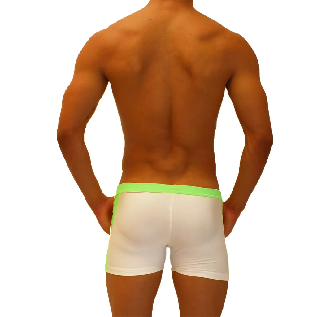 White boxer briefs with bright neon green waistband and side panels from icker sea contrast side panel jock shorts green shr-19-01