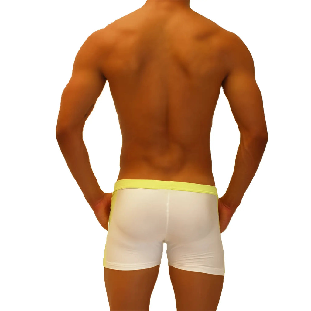 White boxer briefs with bright yellow waistband from Icker Sea contrast side panel jock shorts mango SHR-19-01