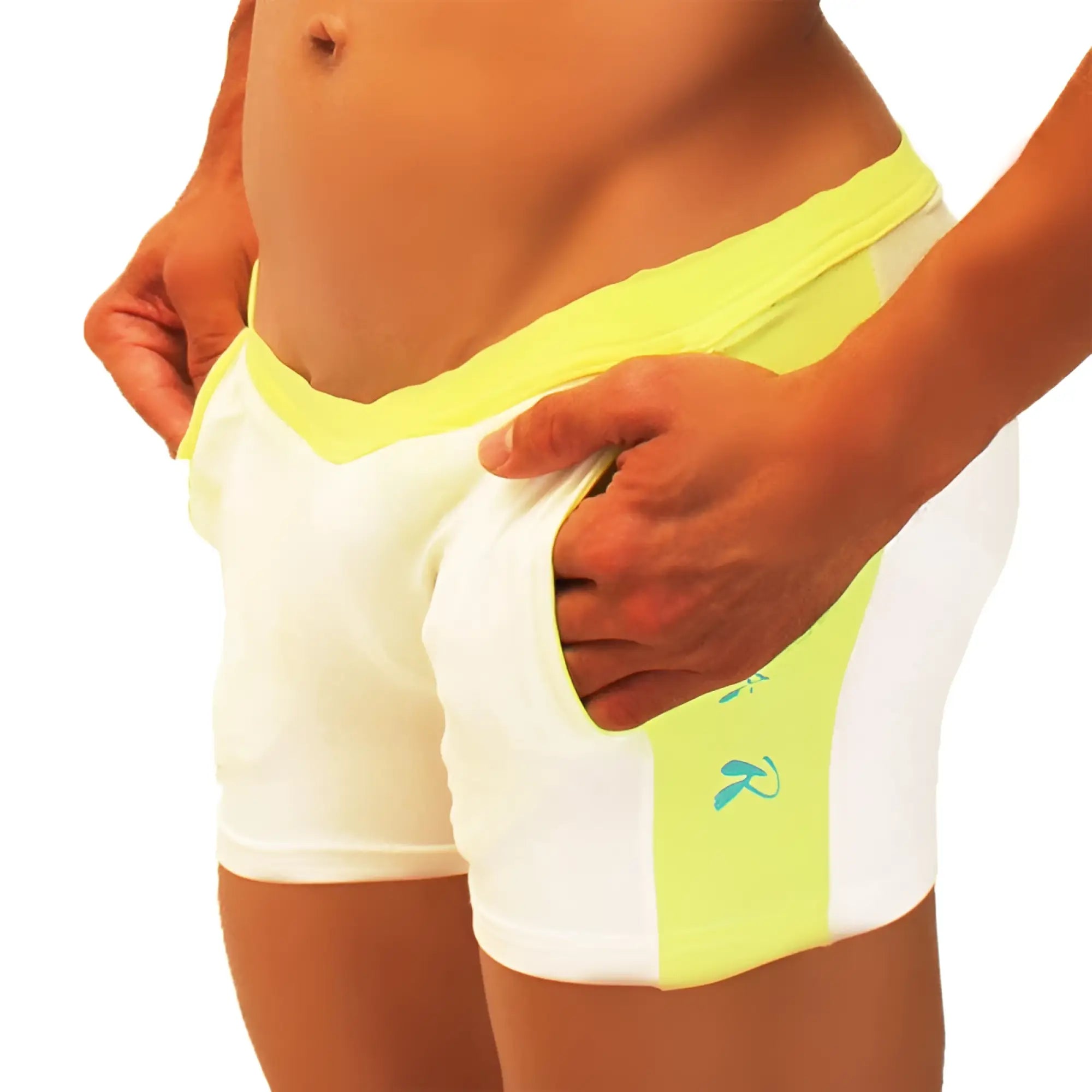 Icker sea contrast side panel jock shorts mango white and neon yellow with side pocket and subtle teal logo
