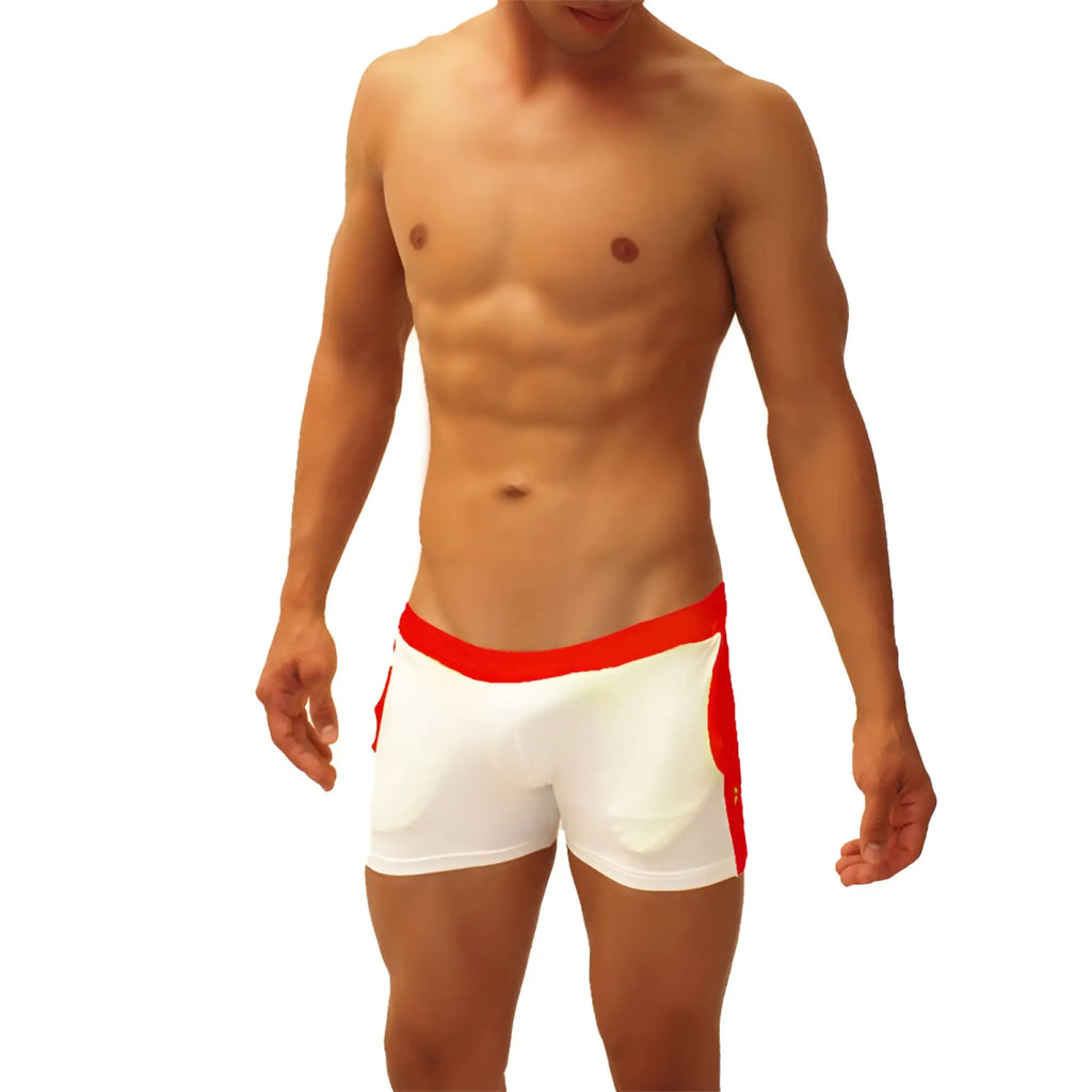 White icker sea contrast side panel jock shorts with bold red waistband and matching side panels for swimming