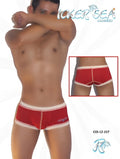 Red icker sea boxer brief underwear with contrast white stitching trim and small side logo in cotton blend material