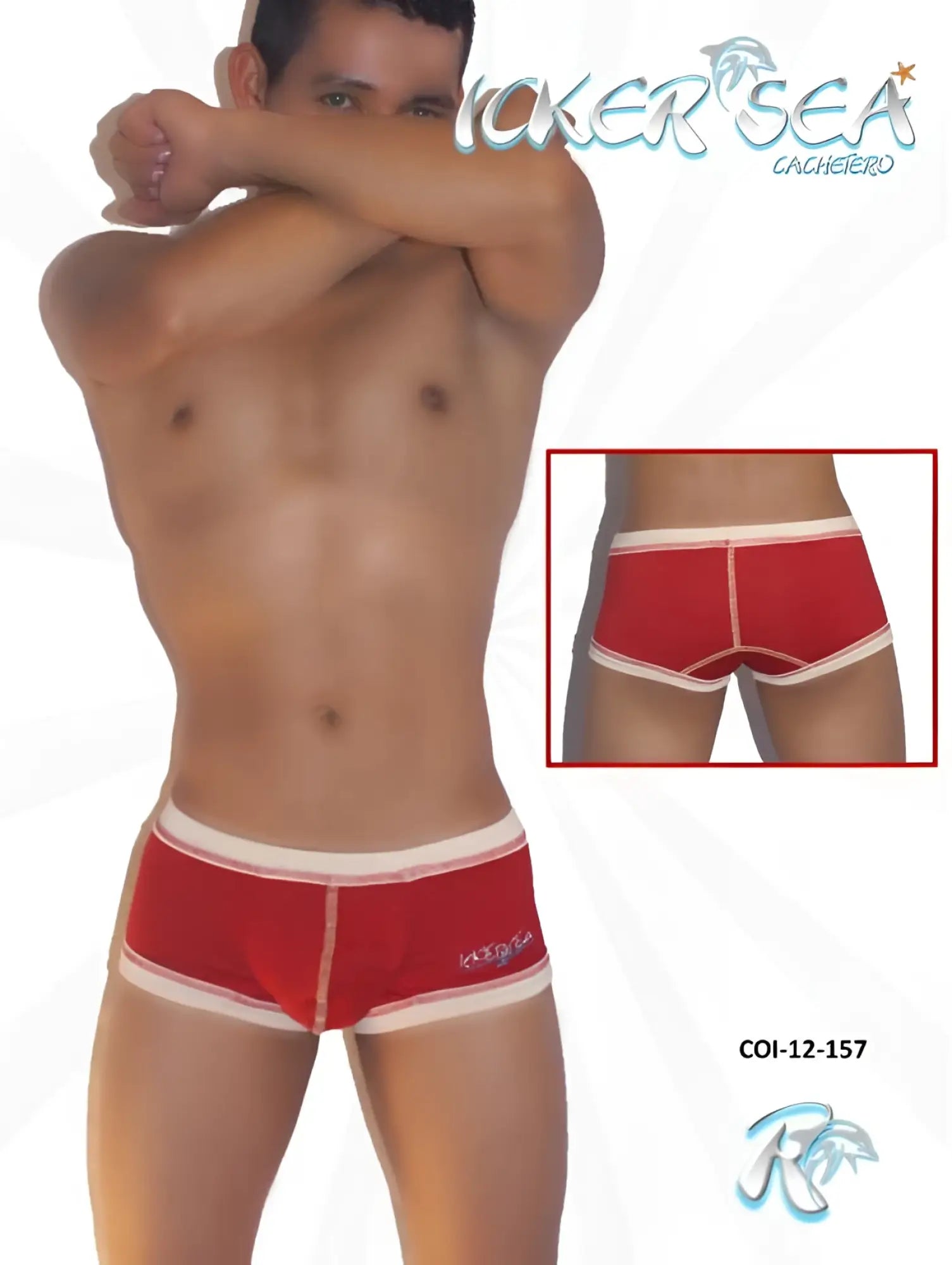 Red icker sea boxer brief underwear with contrast white stitching trim and small side logo in cotton blend material