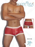 Icker Sea red and white mesh boxer briefs with contrast stitching and a subtle logo on the left hip with a snug fit design