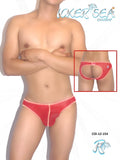 Red icker sea mesh jock brief underwear with contrast pink trim and distinctive cutout design