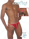 Red thong underwear by icker sea with pink trim mesh fabric and heart-shaped embellishment on the back side