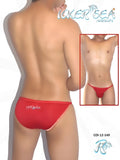 Back side of red laker sea micro slip swim trunks with subtle white logo and contrast stitching in red color