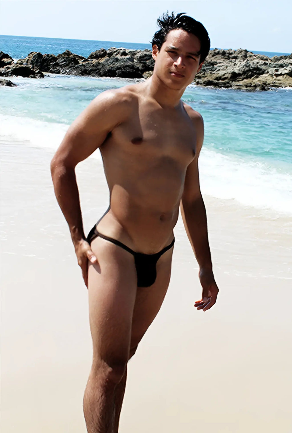 Black thong swimsuit with contrast red stitching micro slip tanga style from icker sea swimwear collection