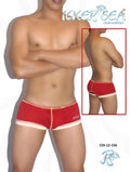 Red and white icker sea contrast stitching mini boxer brief underwear with snug fit and subtle logo on left leg