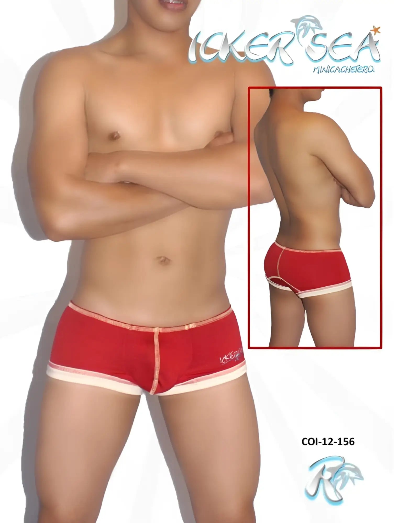 Red and white icker sea contrast stitching mini boxer brief underwear with snug fit and subtle logo on left leg
