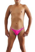 Bright pink snug-fitting thong underwear with silver trim and white icker sea cursive branding in fuchsia and green