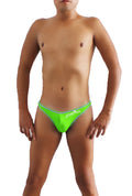 Bright neon green thong underwear with light blue trim and cheetah embroidery in white script front pouch design