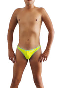Bright neon yellow thong underwear with light green trim and crazy brand name embroidered in white script front detail