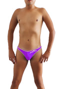 Purple athletic briefs with white trim and cursive logo on waistband from icker sea contrast stitching pouch underwear
