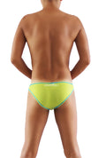 Bright neon green icker sea slip bikini underwear with teal contrast stitching and savage logo on the waistband