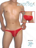 Red icker sea swim briefs with peach contrast trim featuring contrast stitching for a stylish bikini underwear look