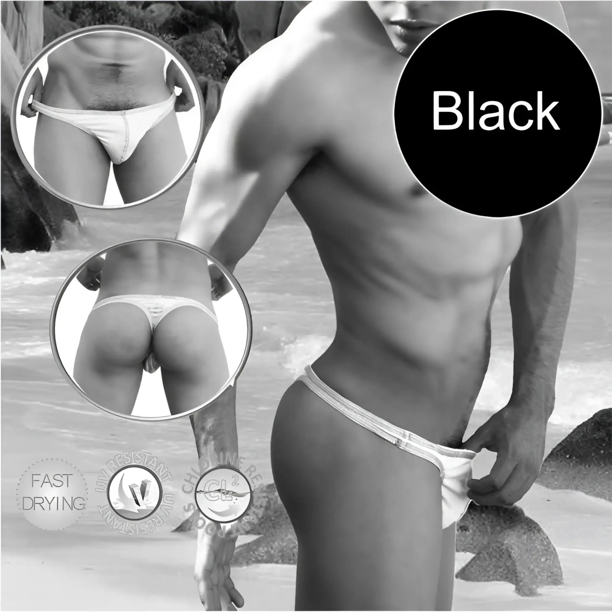 Black icker sea contrast stitching tanga thong swimwear with textured waistband front view