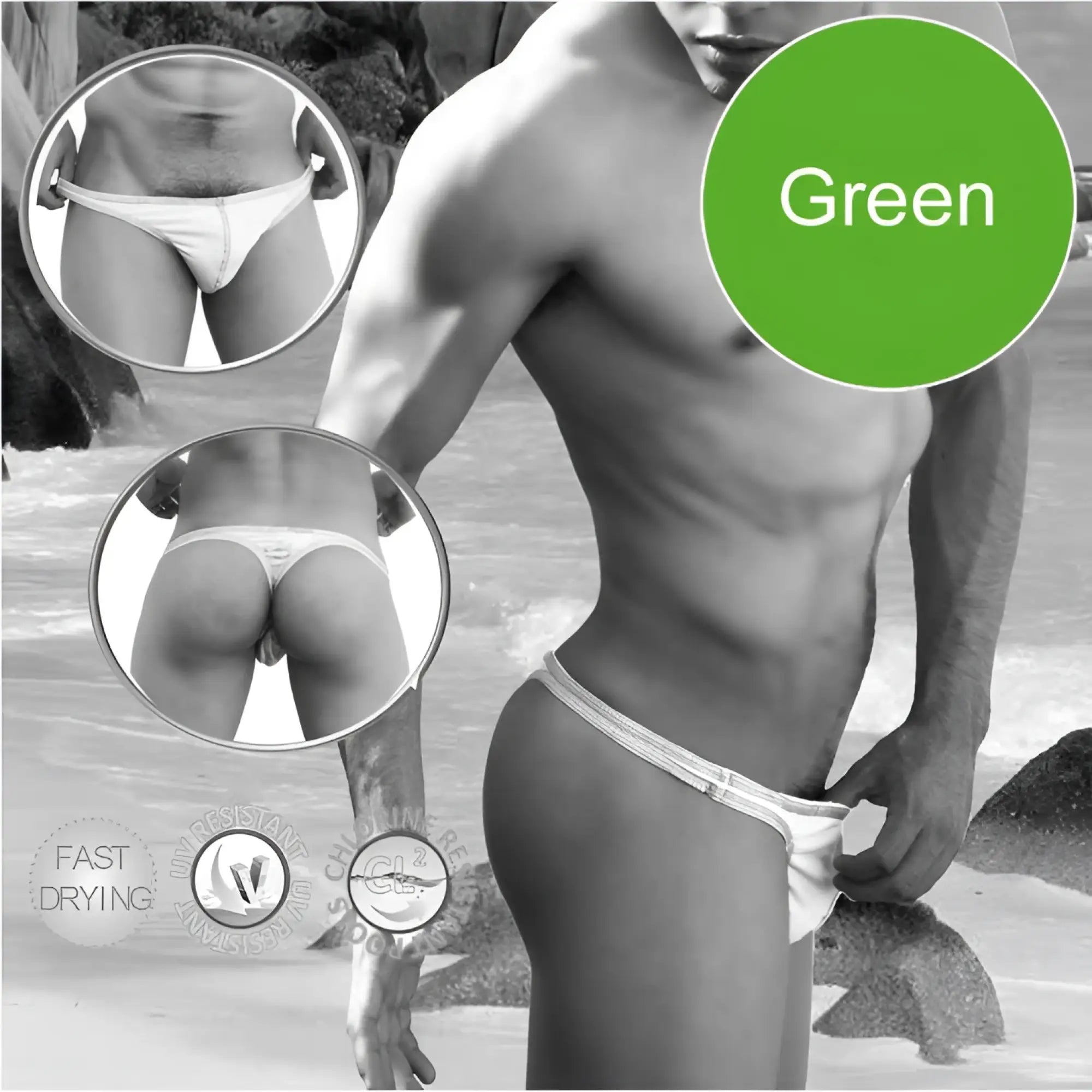 Green icker sea contrast stitching tanga thong swimwear with white trim and textured waistband front view