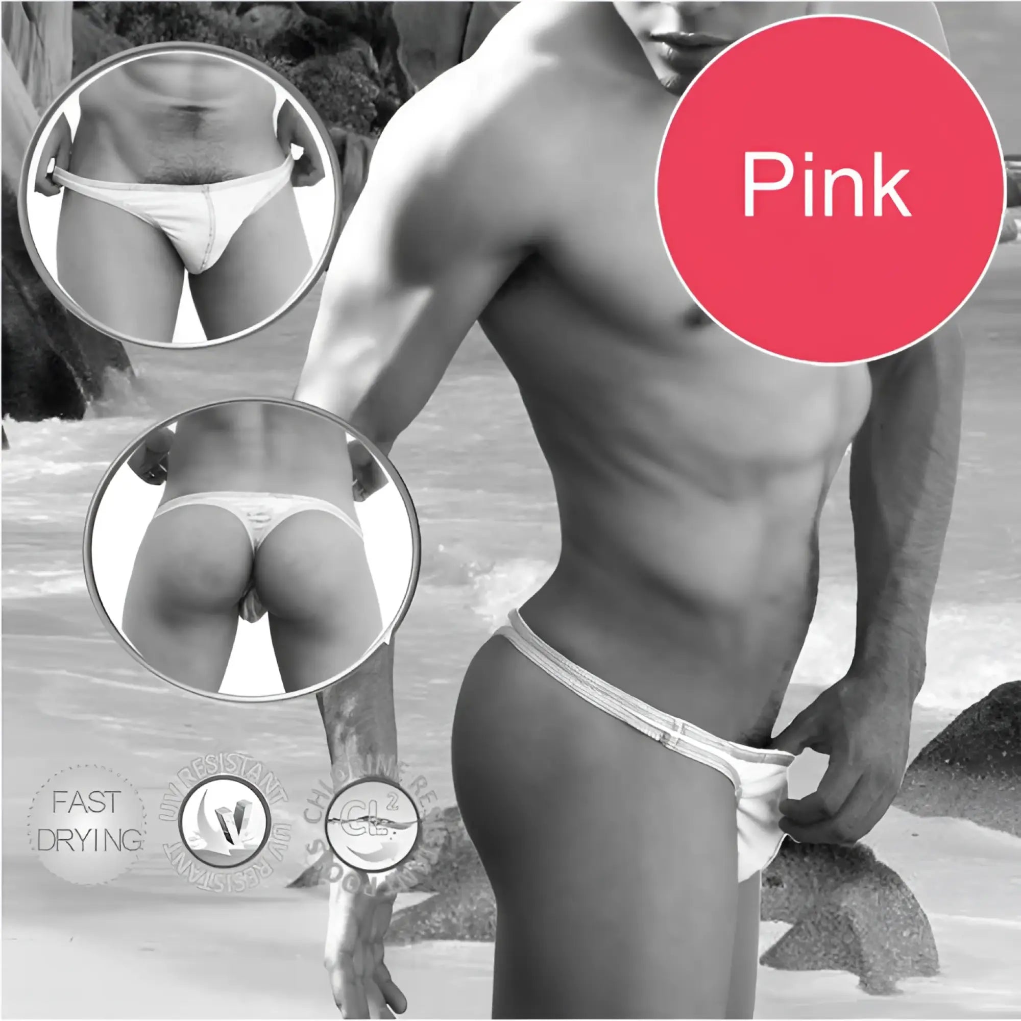Pink icker sea contrast stitching tanga thong swimwear with white textured waistband for men
