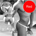 Red men’s tanga thong swimwear with white contrast stitching and trim for a bold beach look by icker sea