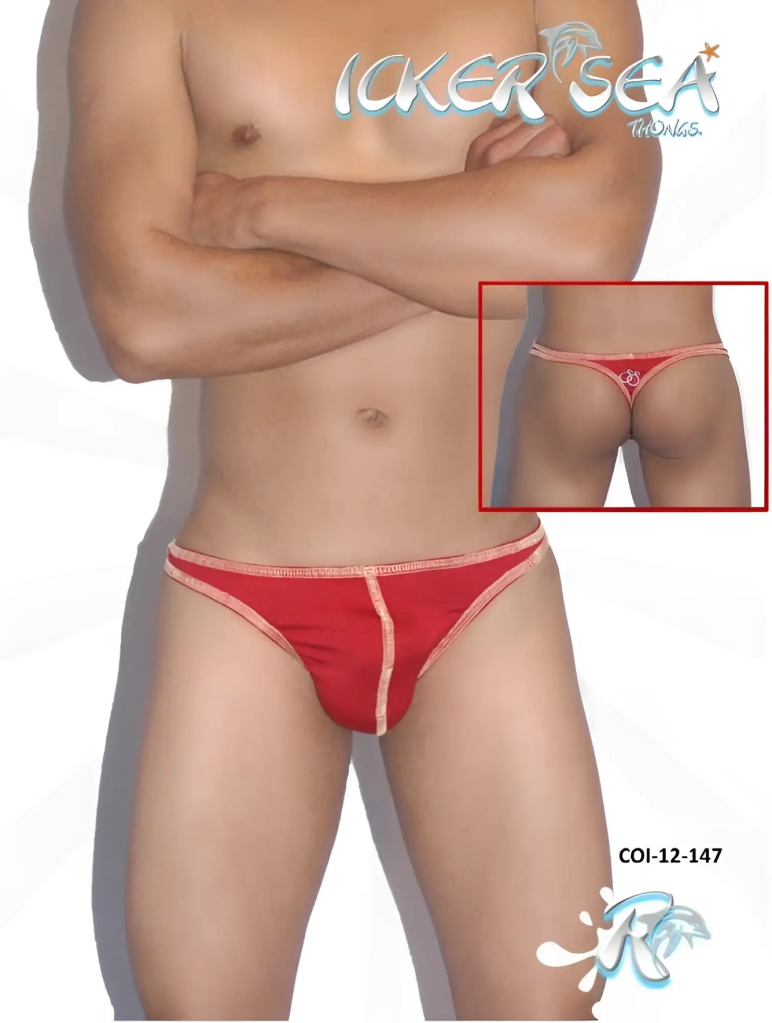 Red thong underwear with pink trim and a small circular design on the back by Icker Sea COI-12-147