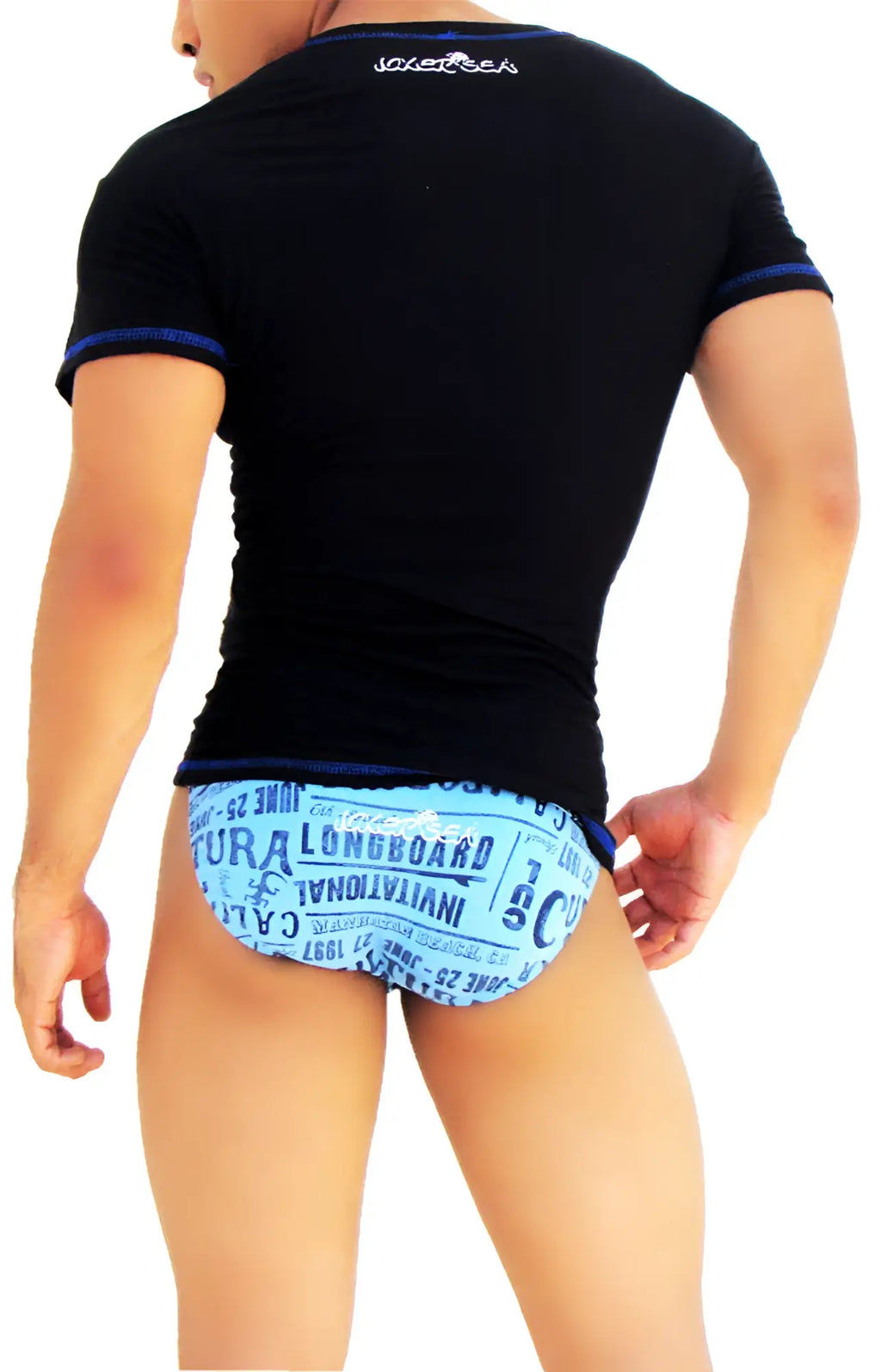 Back of black short-sleeved v neck t shirt with blue contrast stitching and jack&sea logo for casual wear