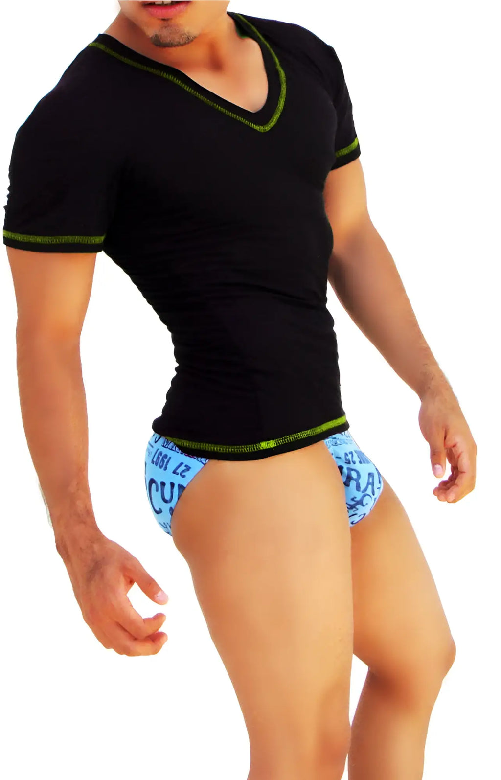 Black icker sea v neck short sleeved t shirt with neon green contrast stitching and trim for casual wear