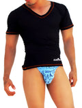 Icker Sea contrast stitching black v neck short sleeved t shirt with brown trim and subtle logo on lower left side