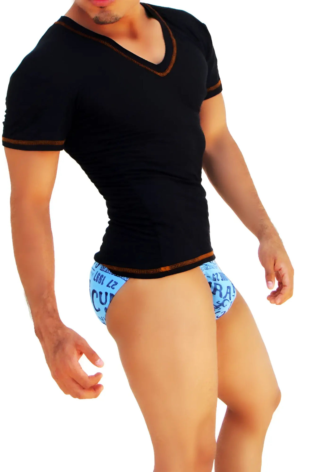 Icker Sea contrast stitching black v neck short sleeved t shirt with brown trim for casual wear
