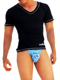 Black Icker Sea contrast stitching v neck short sleeved t shirt with gray trim and subtle textured fabric