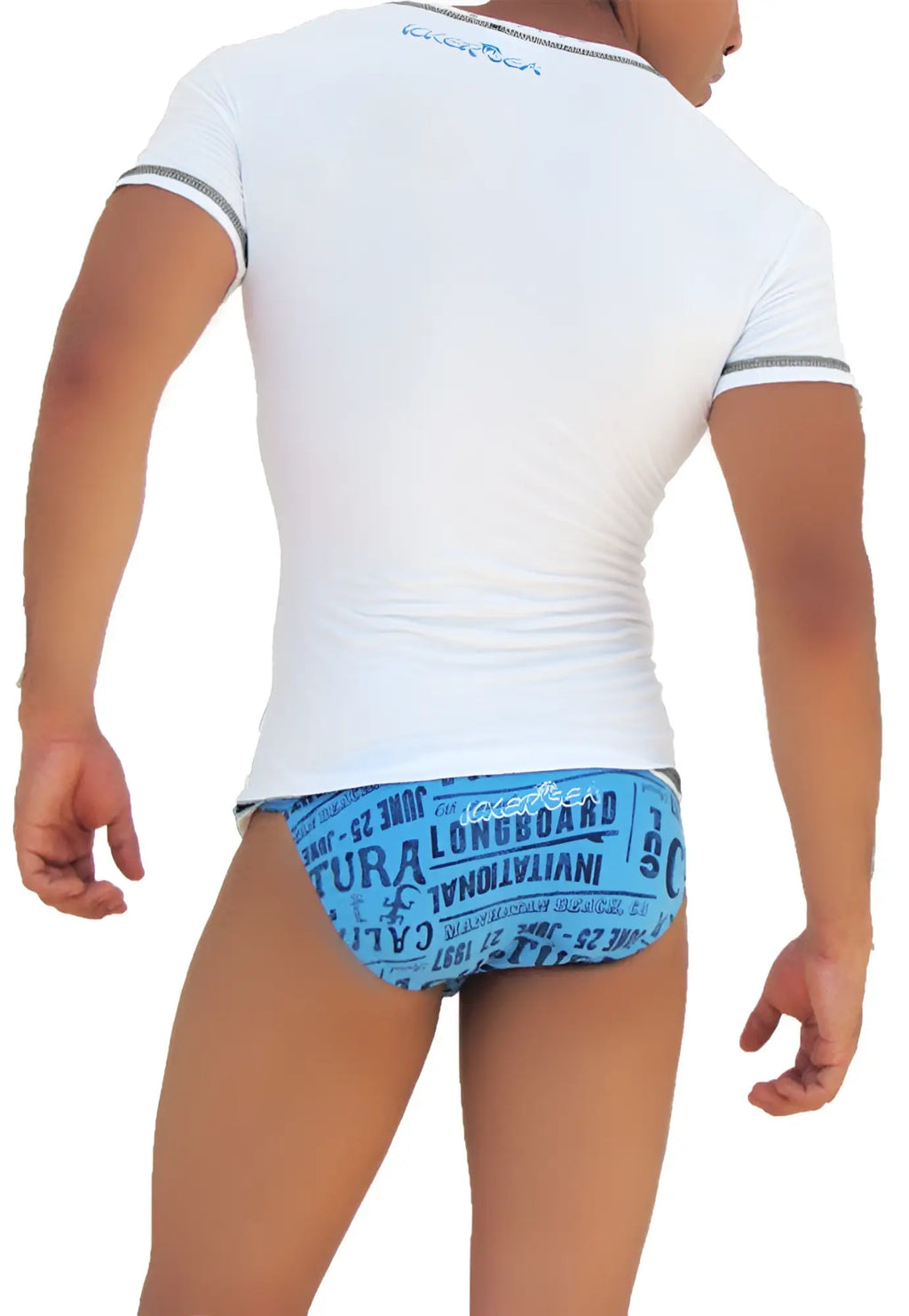Back view of icker sea v neck short sleeved white shirt with gray trim and blue text graphics on the back