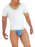 Icker Sea white v neck short sleeved shirt with neon green trim and cuffs paired with blue patterned briefs