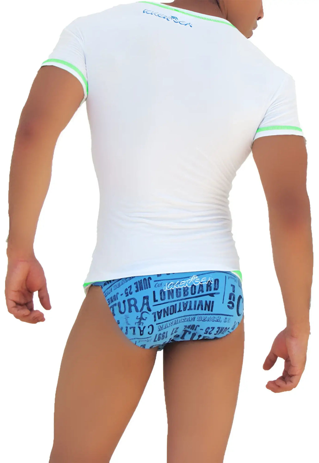 White short-sleeved rash guard with neon green trim and subtle icker sea brand logo at neckline