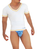 Icker Sea white v neck t shirt with yellow trim fitted short sleeves perfect for casual wear