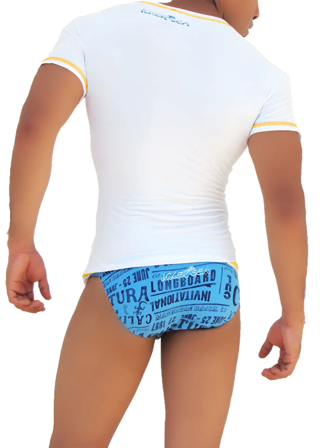 Back of white icker sea v neck short sleeved t shirt with yellow trim and blue graphic print on the back