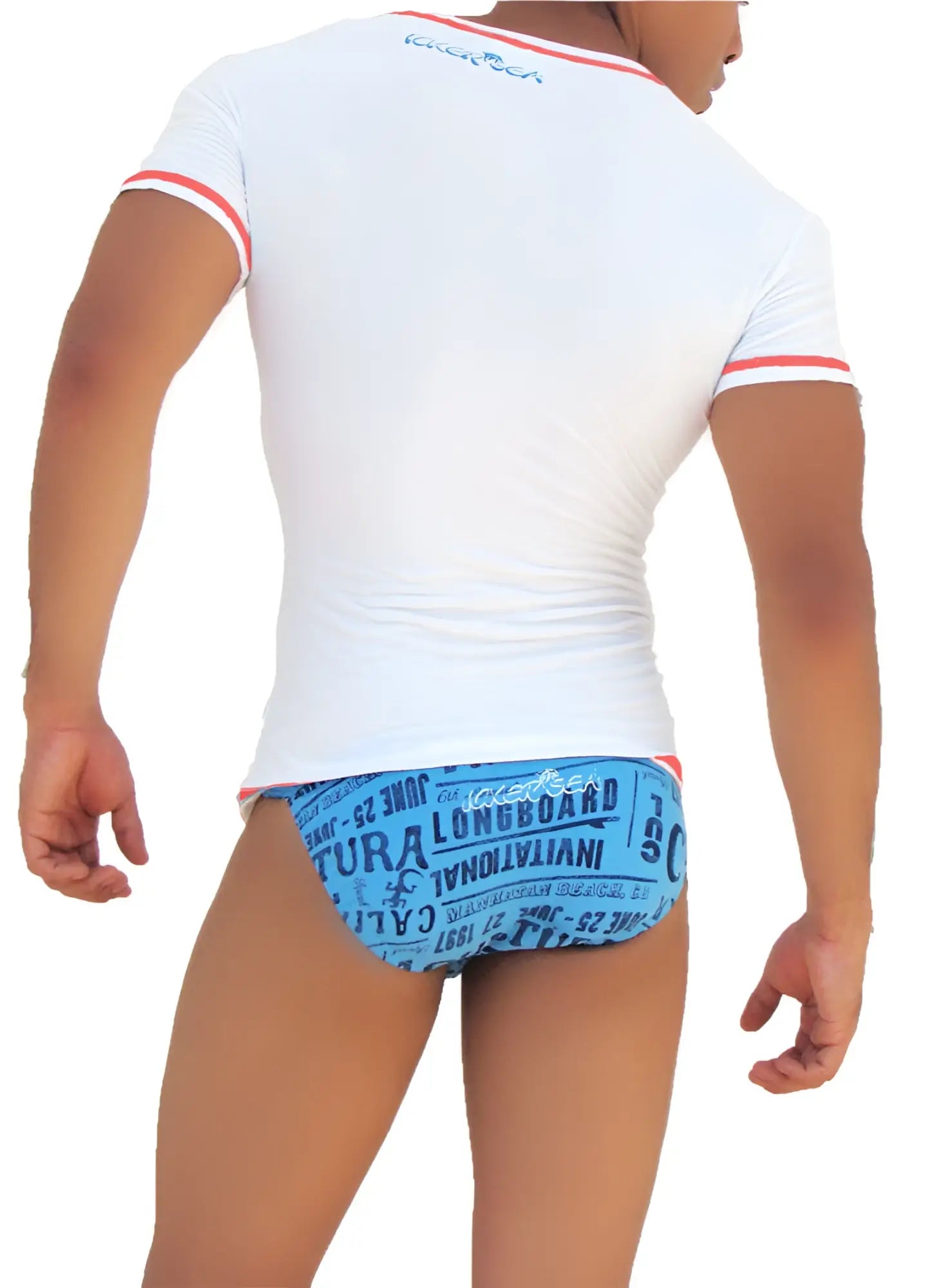 White short-sleeved t-shirt with red trim and blue graphic print on the back in icker sea contrast stitching style