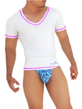 White v neck short sleeved shirt with pink trim and fitted stretchy fabric by icker sea, model coi s 14 wc 5