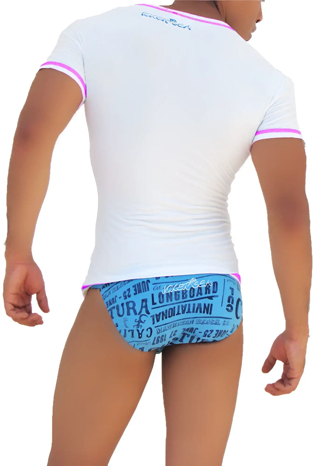 Back view of icker sea white short sleeved rash guard with pink trim and blue graphic print on lower back